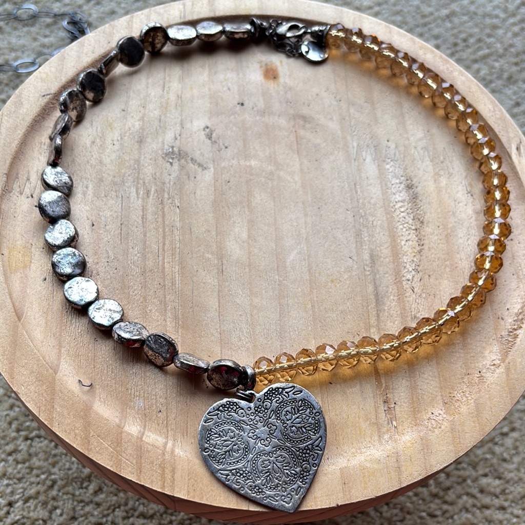 Gold And Silver Heart Pendant Necklace With Crystal Beads